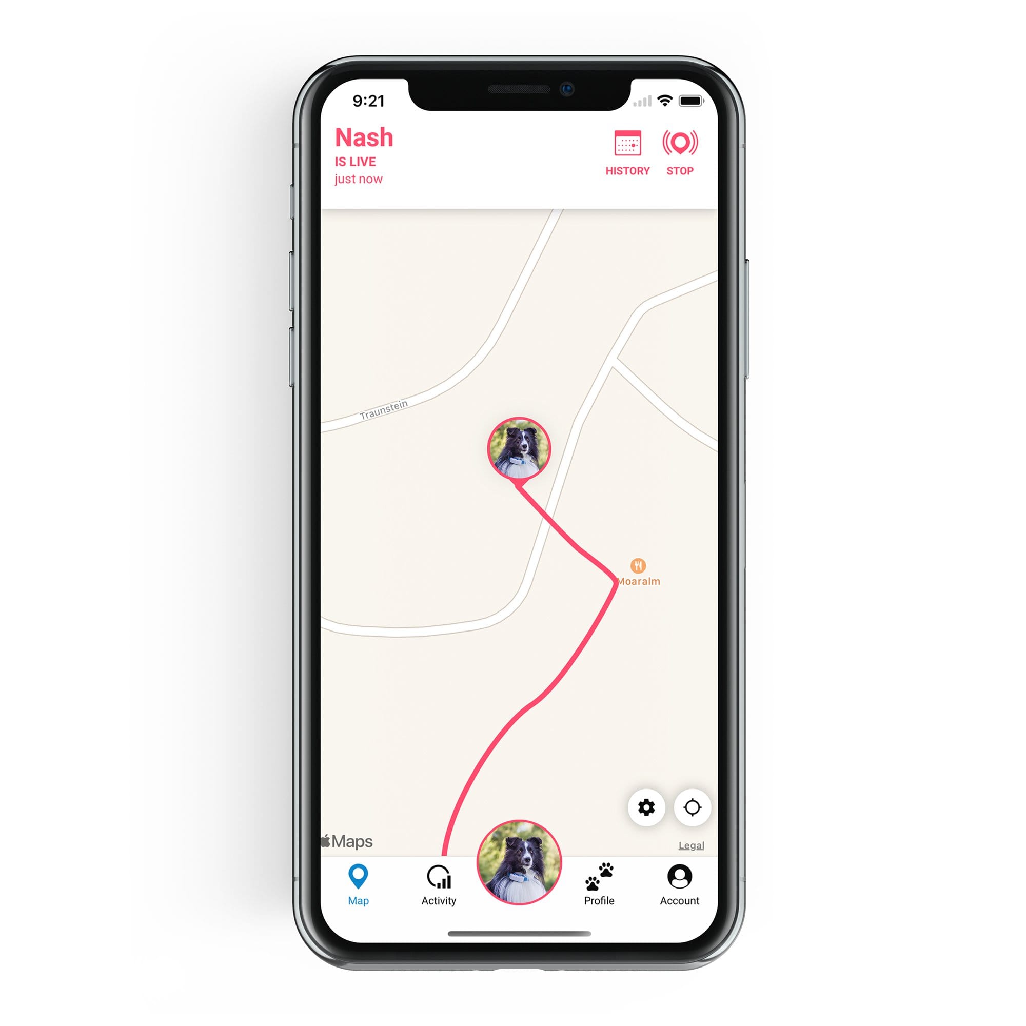 The Tractive GPS app is shown in this image in live mode.