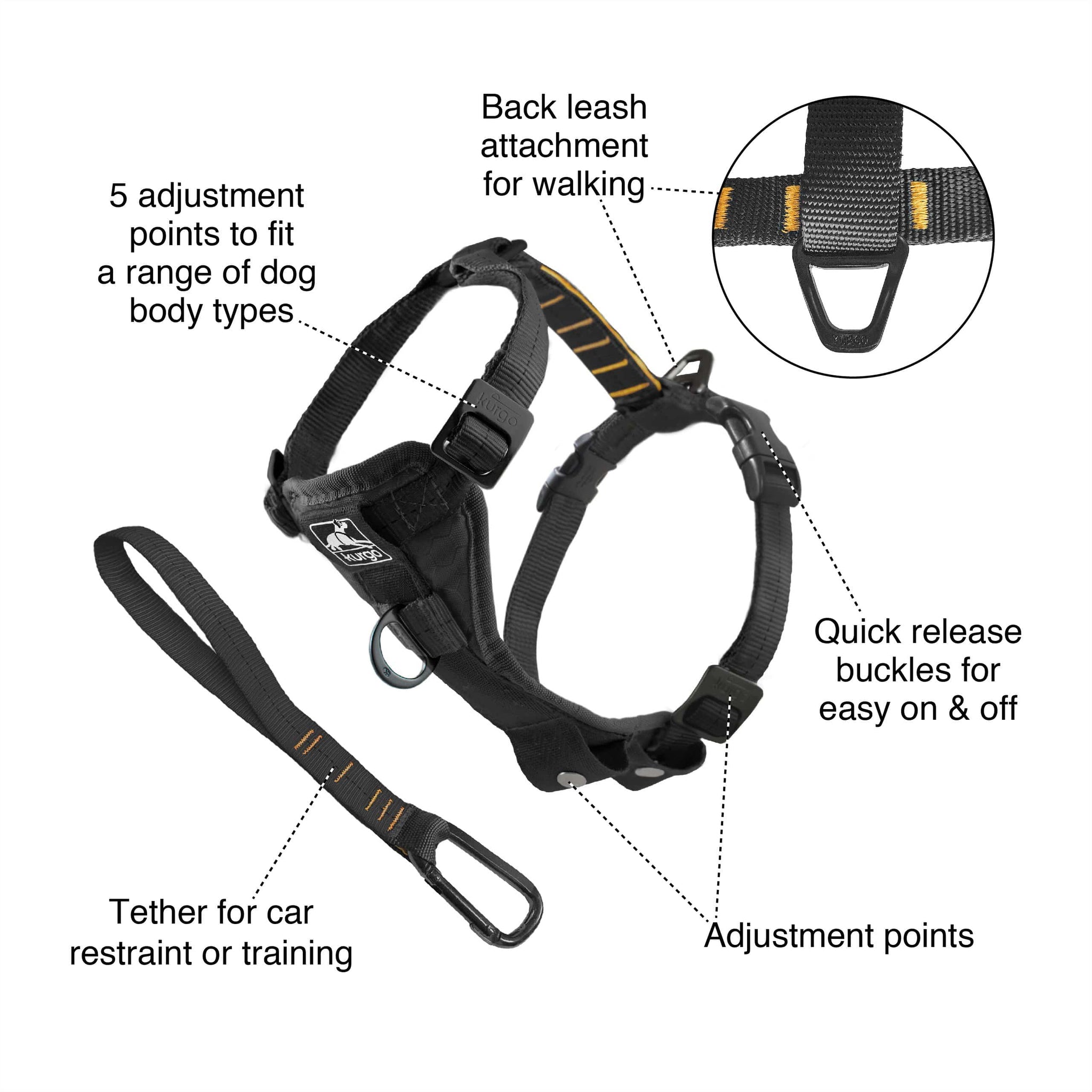 All components of the Kurgo Tru Fit harness and car tether .