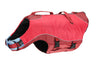 Front and side view of a red Kurgo Surf n Turf Life Jacket showing the handles and quick release buckles.