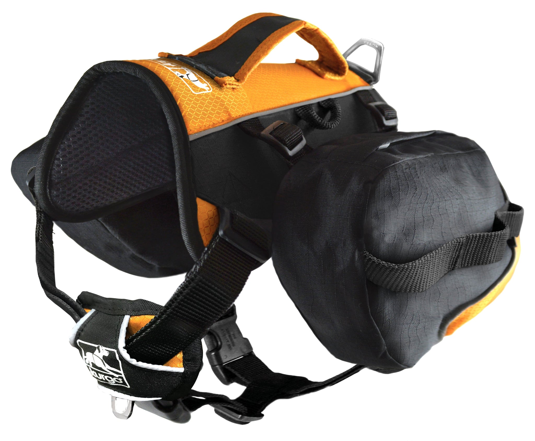 The Kurgo Baxter Dog Backpack in black and orange.