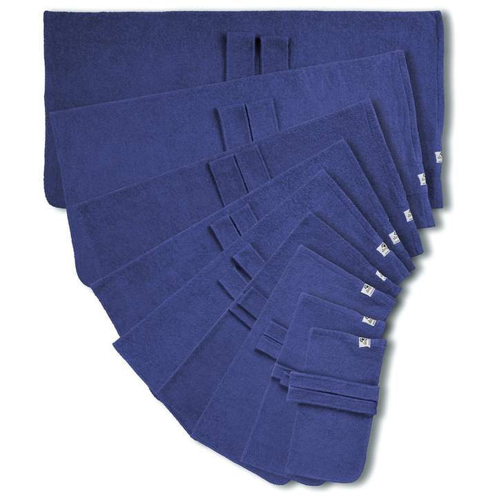 This image shows a display of folded, blue Dogrobes dog drying coats