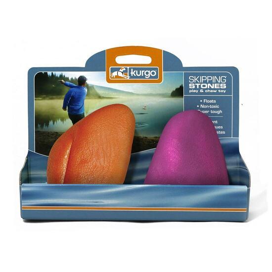 Orange and purple Kurgo Skipping Stones in their presentation box.