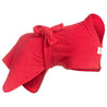 This image shows the shape of a red Dogrobes dog drying coat and how the ties are secured