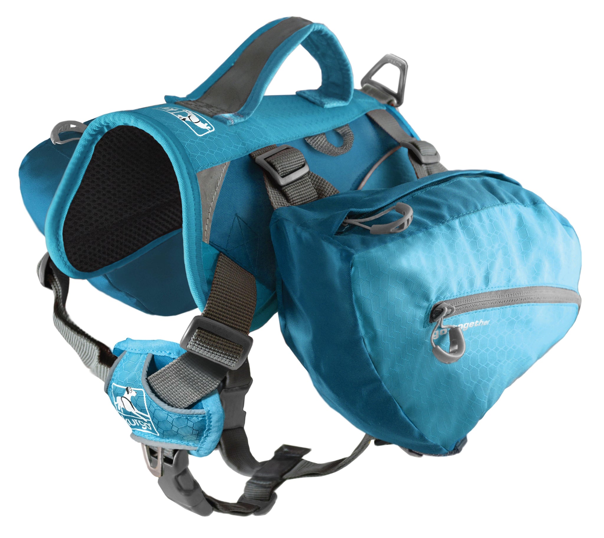 A blue  Baxter dog Backpack showing the clips, zips handle and straps