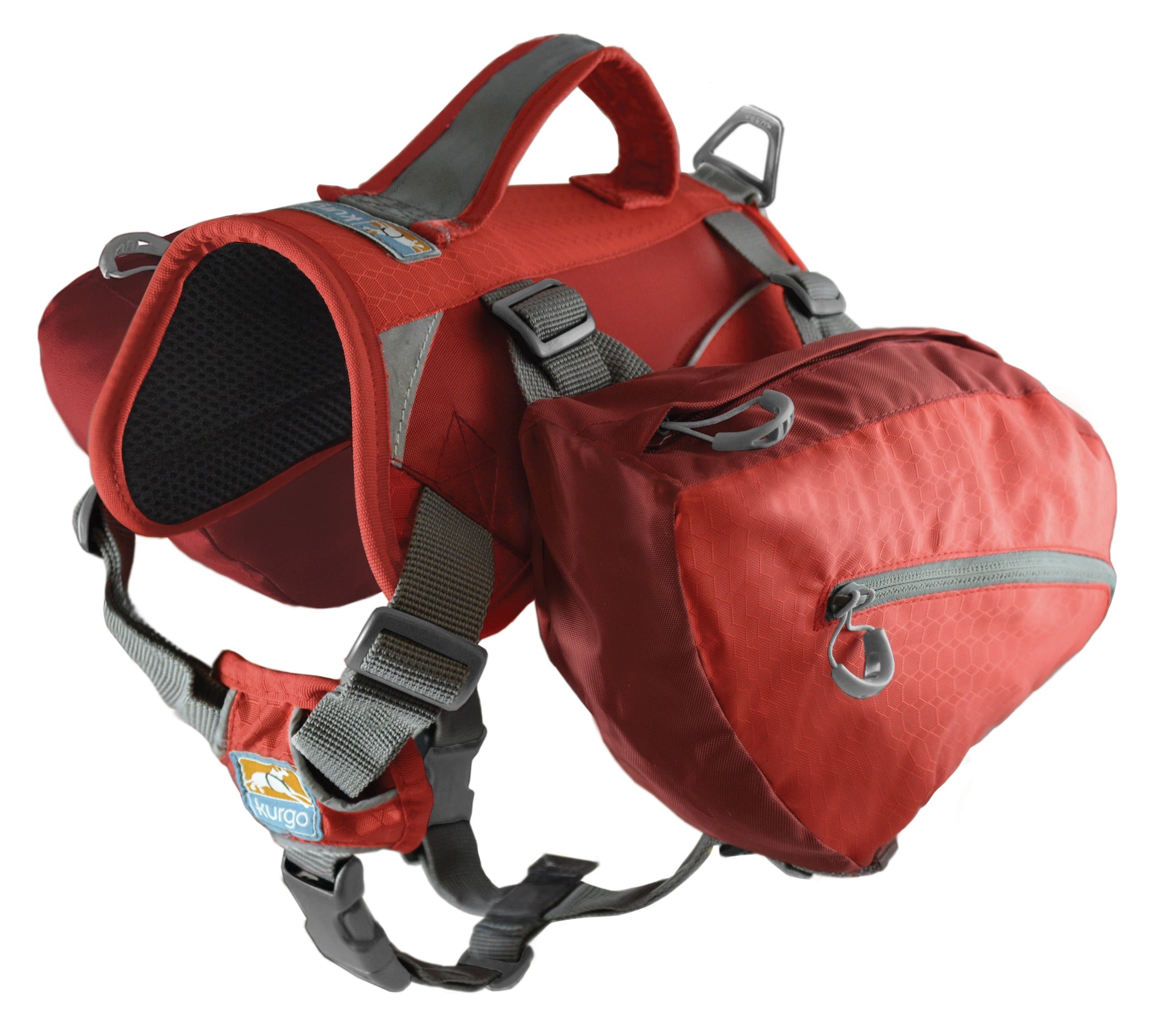 A red Baxter Dog Backpack showing all of the fittings, zips and straps
