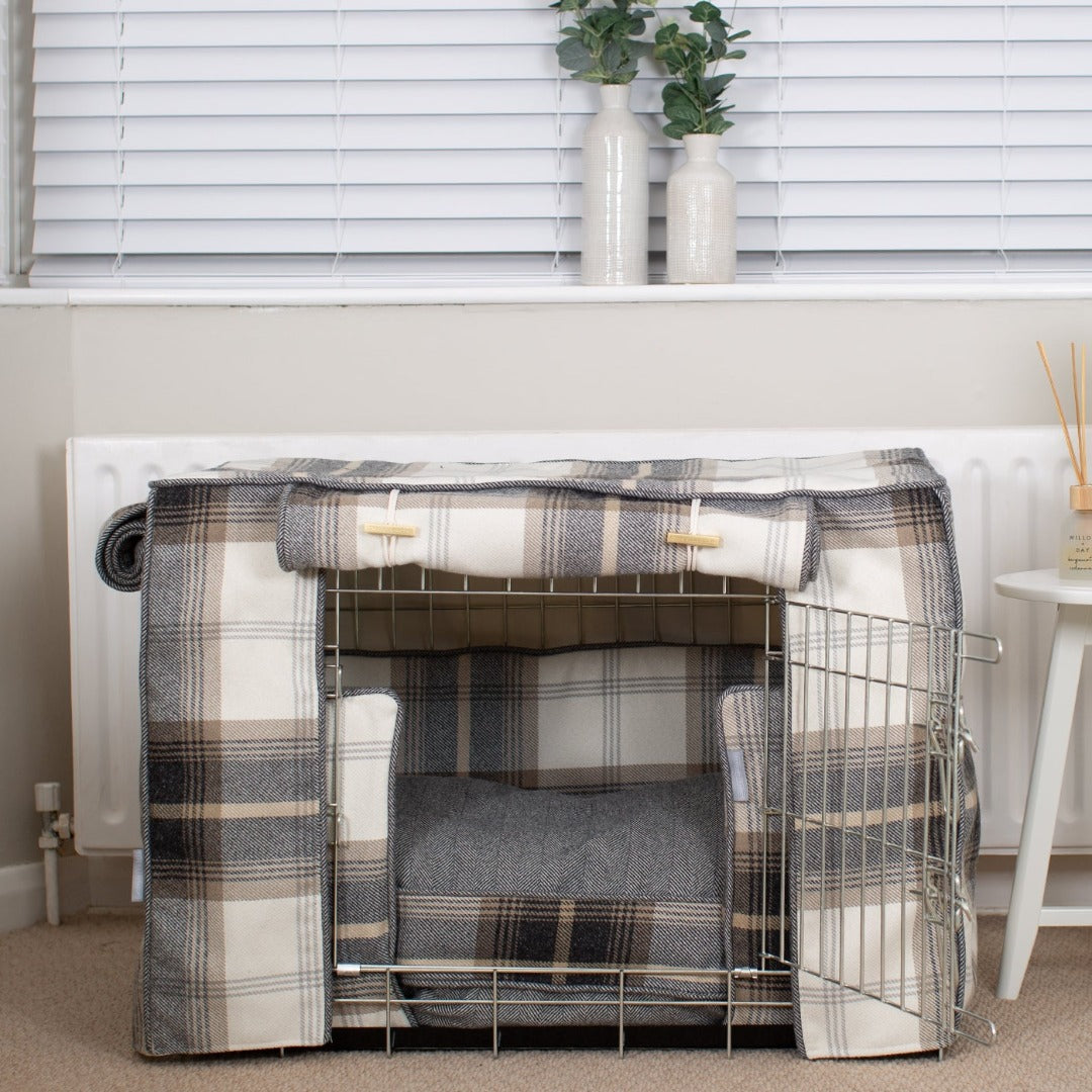 Dog Crate Set In Balmoral Charcoal Tweed By Lords & Labradors in Silver Metal