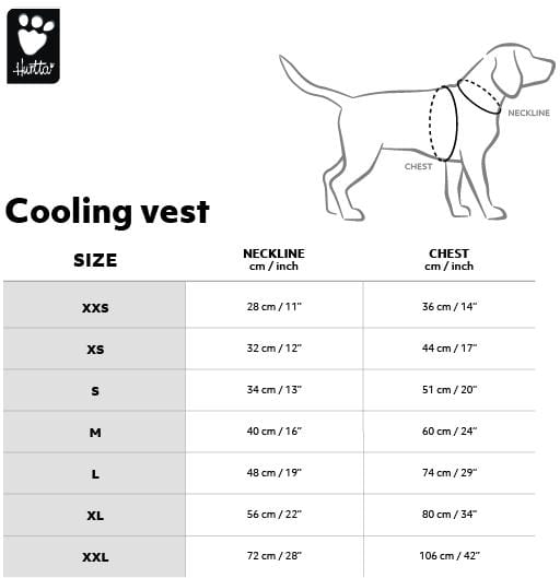 Size chart for Hurtta Cooling Vest
