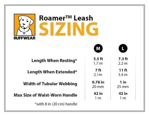 Sizing details for the Ruffwear Roamer Bungee Dog Lead