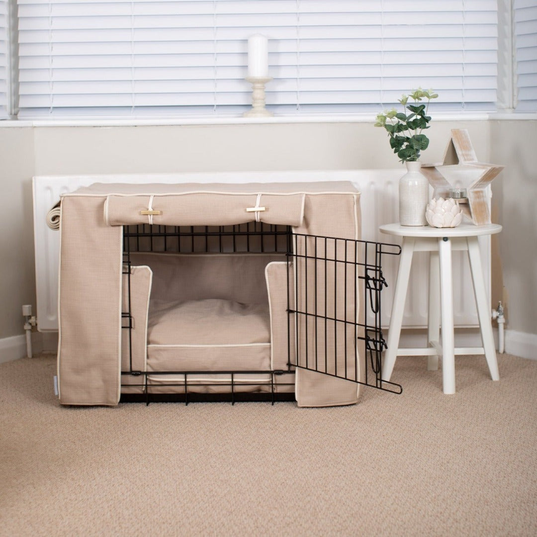 luxury dog crate in savanna oatmeal fabric by lords and labradors